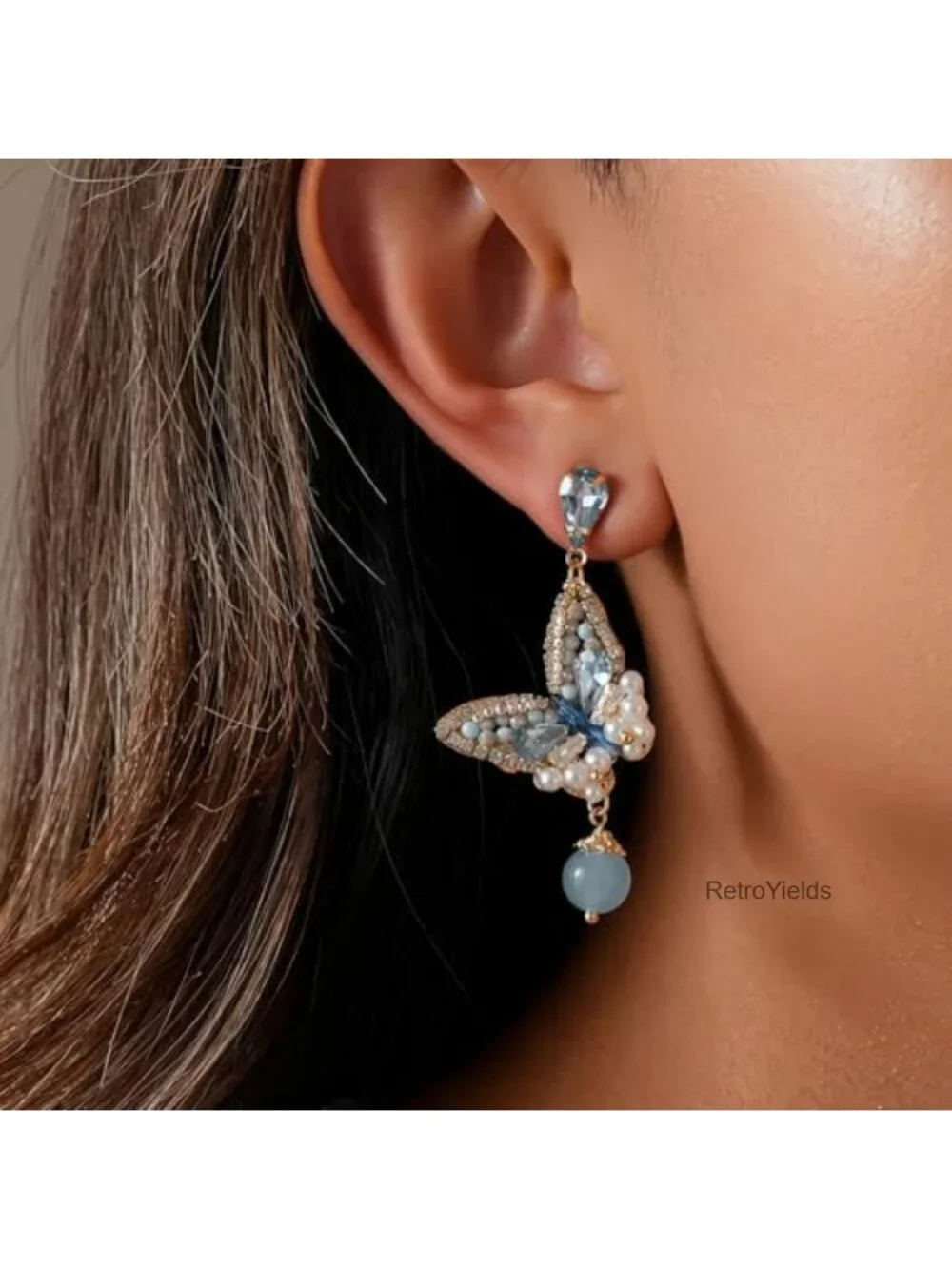 Dangle Flower Floral Blue Crystal Drop Earrings 14K Gold Plated Hypoallergenic
